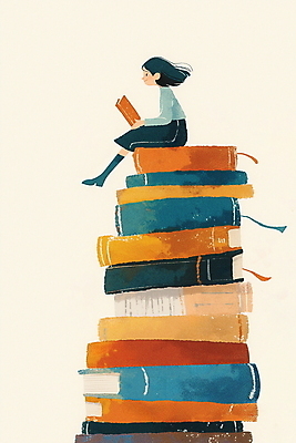 JPG 전신 여자 행복 여유 어린이 일러스트 한명 앉기 소녀 책 독서 쌓기 교양 가을 상상력 소녀한명만 국내일러스트 AI일러스트 AI콘텐츠 1 계절 감정 모션 사람 여자한명만 소녀만 파일형식