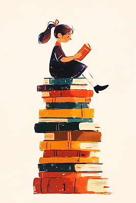 JPG 전신 여자 행복 여유 어린이 일러스트 한명 앉기 소녀 책 독서 쌓기 교양 가을 상상력 소녀한명만 국내일러스트 AI일러스트 AI콘텐츠 1 계절 감정 모션 사람 여자한명만 소녀만 파일형식