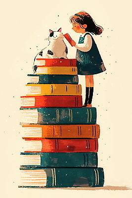 JPG 전신 여자 행복 여유 어린이 일러스트 한명 소녀 책 독서 쌓기 고양이 교양 가을 상상력 소녀한명만 국내일러스트 AI일러스트 AI콘텐츠 1 계절 감정 포유류 모션 사람 반려동물 여자한명만 소녀만 파일형식