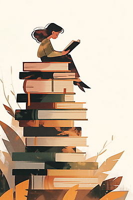 JPG 전신 여자 행복 여유 어린이 일러스트 한명 앉기 소녀 책 독서 쌓기 교양 가을 상상력 소녀한명만 국내일러스트 AI일러스트 AI콘텐츠 1 계절 감정 모션 사람 여자한명만 소녀만 파일형식