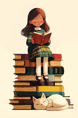 JPG 전신 여자 행복 여유 어린이 일러스트 한명 앉기 소녀 책 독서 쌓기 고양이 교양 가을 상상력 소녀한명만 국내일러스트 AI일러스트 AI콘텐츠 1 계절 감정 포유류 모션 사람 반려동물 여자한명만 소녀만 파일형식