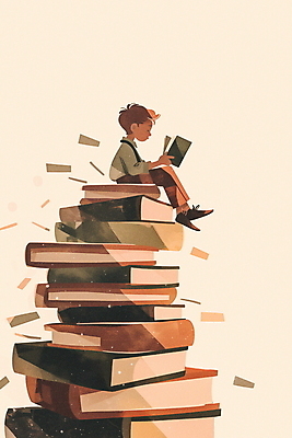 JPG 전신 남자 행복 여유 어린이 일러스트 한명 앉기 소년 책 독서 갈색 쌓기 교양 가을 상상력 소년한명만 국내일러스트 AI일러스트 AI콘텐츠 1 계절 감정 컬러 모션 사람 남자한명만 소년만 파일형식