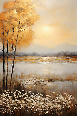 JPG 나무 구름 꽃 호수 일러스트 하늘 붓터치 수채화 초원 사람없음 갈색 노을 풀 가을배경 국내일러스트 AI일러스트 AI콘텐츠 자연요소 식물 컬러 백그라운드 파일형식 가을_계절