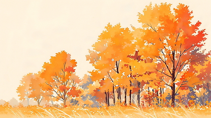 JPG 나무 잎 일러스트 자연 수채화 풍경 사람없음 주황색 가을 숲 풍경화 카피스페이스 국내일러스트 AI일러스트 AI콘텐츠 식물 계절 컬러 공백 그림 생태계 파일형식