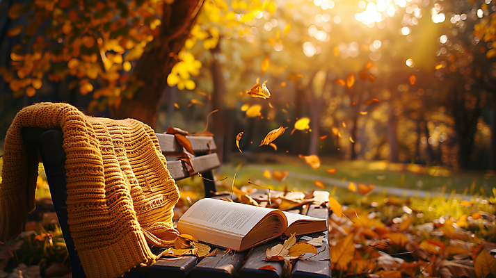 JPG 편집 편집이미지 계절 낙엽 벤치 휴식 사람없음 책 니트 합성 편집소스 편집실사 AI포토 AI콘텐츠 컨셉 상의 잎 의자 CG 파일형식