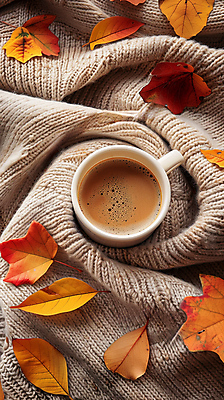 JPG 편집 편집이미지 계절 커피 낙엽 휴식 사람없음 커피잔 니트 합성 편집소스 편집실사 AI포토 AI콘텐츠 음료 컨셉 상의 잎 잔 CG 파일형식