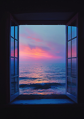 JPG 편집이미지 바다 창문 휴식 풍경 사람없음 야외 일몰 편안함 창가 편집실사 AI포토 AI콘텐츠 컨셉 노을 감각 CG 파일형식