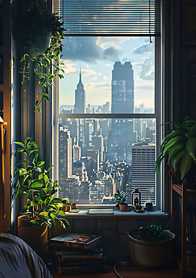 JPG 편집이미지 화분 창문 휴식 풍경 사람없음 야외 고층빌딩 도시 편안함 창가 편집실사 AI포토 AI콘텐츠 컨셉 빌딩 감각 CG 파일형식