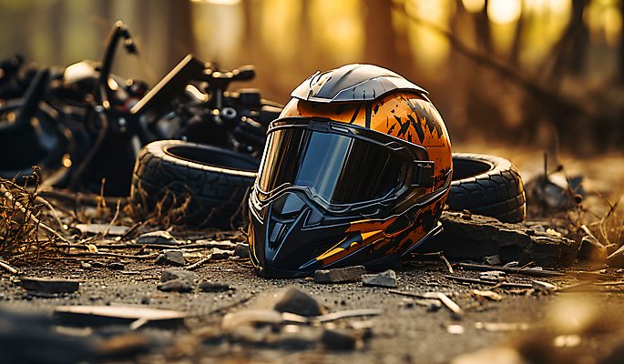 JPG 편집이미지 경고 사람없음 오토바이 헬멧 보호장비 위험 교통사고 사건 타이어 사고현장 편집실사 AI포토 AI콘텐츠 컨셉 바이크 장비 CG 파일형식