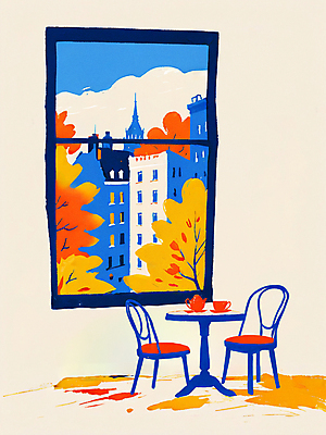 PSD 단풍 의자 일러스트 창문 탁자 휴식 풍경 사람없음 건물 컬러풀 가을 도시 찻잔 찻주전자 국내일러스트 건축물 계절 컬러 가구 컨셉 잎 주전자 잔 파일형식