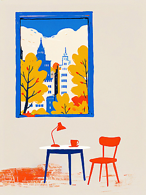 PSD 단풍 의자 일러스트 창문 탁자 휴식 풍경 사람없음 컬러풀 가을 스탠드 도시 찻잔 증거 국내일러스트 계절 컬러 가구 컨셉 잎 조명 잔 파일형식