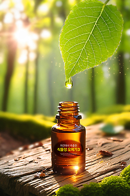 PSD 편집이미지 잎 유리병 건강 사람없음 약 깨끗함 물방울 신선 약병 조제 추출 이미지편집 편집실사 식물 컨셉 의학 병_용기 CG 만들기 병_담는 파일형식