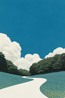 JPG 나무 구름 길 일러스트 하늘 풍경 사람없음 파란색 숲 언덕 숲길 국내일러스트 AI일러스트 AI콘텐츠 자연요소 식물 컬러 파일형식