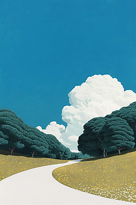 JPG 나무 구름 길 일러스트 하늘 풍경 사람없음 파란색 숲 언덕 숲길 국내일러스트 AI일러스트 AI콘텐츠 자연요소 식물 컬러 파일형식