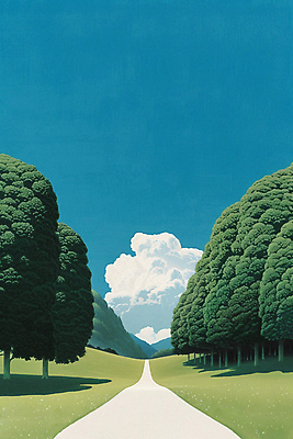 JPG 나무 구름 길 일러스트 하늘 풍경 사람없음 파란색 숲 언덕 숲길 국내일러스트 AI일러스트 AI콘텐츠 자연요소 식물 컬러 파일형식