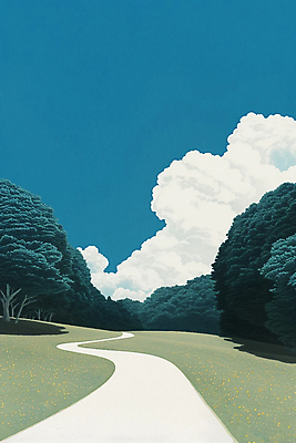 JPG 나무 구름 길 일러스트 하늘 풍경 사람없음 파란색 숲 언덕 숲길 국내일러스트 AI일러스트 AI콘텐츠 자연요소 식물 컬러 파일형식