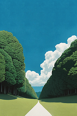 JPG 나무 구름 길 일러스트 하늘 풍경 사람없음 파란색 숲 언덕 숲길 국내일러스트 AI일러스트 AI콘텐츠 자연요소 식물 컬러 파일형식