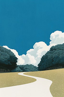 JPG 나무 구름 길 일러스트 하늘 풍경 사람없음 파란색 숲 언덕 숲길 국내일러스트 AI일러스트 AI콘텐츠 자연요소 식물 컬러 파일형식