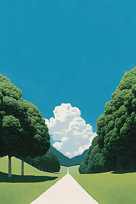 JPG 나무 구름 길 일러스트 하늘 풍경 사람없음 파란색 숲 언덕 숲길 국내일러스트 AI일러스트 AI콘텐츠 자연요소 식물 컬러 파일형식