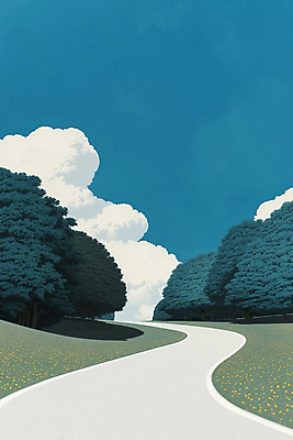 JPG 나무 구름 길 일러스트 하늘 풍경 사람없음 파란색 숲 언덕 숲길 국내일러스트 AI일러스트 AI콘텐츠 자연요소 식물 컬러 파일형식