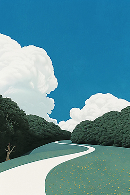 JPG 나무 구름 길 일러스트 하늘 풍경 사람없음 파란색 숲 언덕 숲길 국내일러스트 AI일러스트 AI콘텐츠 자연요소 식물 컬러 파일형식