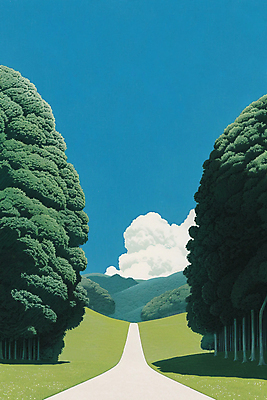 JPG 나무 구름 길 일러스트 하늘 풍경 사람없음 파란색 숲 언덕 숲길 국내일러스트 AI일러스트 AI콘텐츠 자연요소 식물 컬러 파일형식