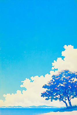 JPG 나무 구름 바다 일러스트 하늘 그림자 풍경 해변 사람없음 파란색 그늘 국내일러스트 AI일러스트 AI콘텐츠 자연요소 식물 컬러 파일형식