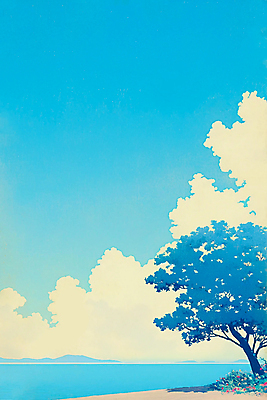 JPG 나무 구름 바다 일러스트 하늘 그림자 풍경 해변 사람없음 파란색 그늘 국내일러스트 AI일러스트 AI콘텐츠 자연요소 식물 컬러 파일형식