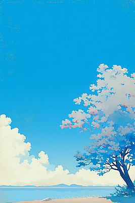 JPG 나무 구름 바다 일러스트 하늘 그림자 풍경 해변 사람없음 파란색 그늘 국내일러스트 AI일러스트 AI콘텐츠 자연요소 식물 컬러 파일형식