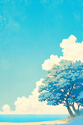 JPG 나무 구름 바다 일러스트 하늘 그림자 풍경 해변 사람없음 파란색 그늘 국내일러스트 AI일러스트 AI콘텐츠 자연요소 식물 컬러 파일형식