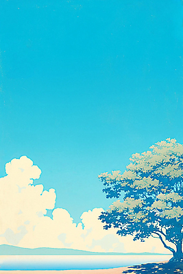 JPG 나무 구름 바다 일러스트 하늘 그림자 풍경 해변 사람없음 파란색 그늘 국내일러스트 AI일러스트 AI콘텐츠 자연요소 식물 컬러 파일형식