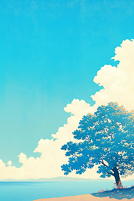 JPG 나무 구름 무료이미지 바다 일러스트 하늘 그림자 풍경 해변 사람없음 파란색 그늘 국내일러스트 AI일러스트 AI콘텐츠 자연요소 식물 컬러 파일형식