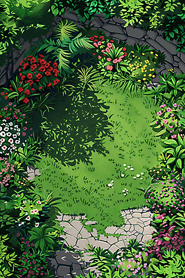 JPG 식물 꽃 일러스트 그림자 풍경 잔디 사람없음 초록색 정원 돌_바위 바위 그늘 국내일러스트 AI일러스트 AI콘텐츠 컬러 파일형식