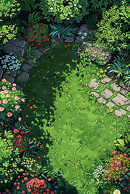 JPG 식물 꽃 일러스트 그림자 풍경 잔디 사람없음 초록색 정원 돌_바위 바위 그늘 국내일러스트 AI일러스트 AI콘텐츠 컬러 파일형식