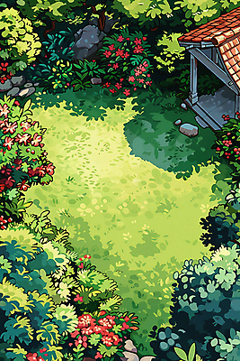 JPG 식물 꽃 일러스트 그림자 풍경 잔디 사람없음 초록색 정원 돌_바위 바위 그늘 국내일러스트 AI일러스트 AI콘텐츠 컬러 파일형식