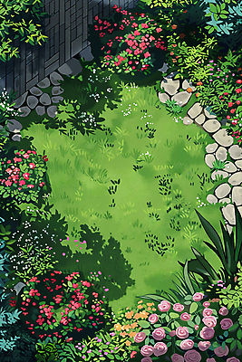 JPG 식물 꽃 일러스트 그림자 풍경 잔디 사람없음 초록색 정원 돌_바위 바위 그늘 국내일러스트 AI일러스트 AI콘텐츠 컬러 파일형식