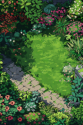 JPG 식물 무료이미지 꽃 일러스트 그림자 풍경 잔디 사람없음 초록색 정원 돌_바위 바위 그늘 국내일러스트 AI일러스트 AI콘텐츠 컬러 파일형식