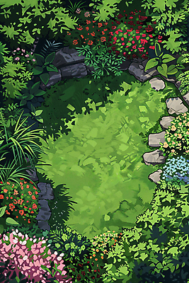JPG 식물 꽃 일러스트 그림자 풍경 잔디 사람없음 초록색 정원 돌_바위 바위 그늘 국내일러스트 AI일러스트 AI콘텐츠 컬러 파일형식