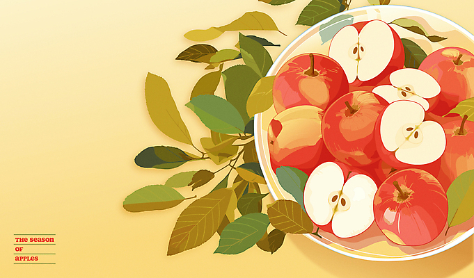 포스터 음식 잎 과일 일러스트 사람없음 가을 사과 감성 유리그릇 국내일러스트 AI파일 식물 그릇 계절 컨셉 유리 파일형식 벡터
