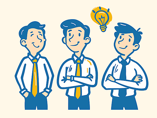 남자 인물캐릭터 셔츠 생각 일러스트 비즈니스 전구 넥타이 아이디어 미소 정장 성인 세명 팔짱 성인남자만 벡터 일러캐릭터 AI파일 캐릭터 잡화 옷 컨셉 상의 모션 표정 사람 남자만 성인만 파일형식