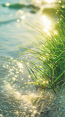 JPG 편집이미지 파도 바다 자연 사람없음 여름 빛 풀 디지털합성 잔물결 윤슬 편집실사 AI포토 AI콘텐츠 식물 계절 물결 CG 생태계 파일형식