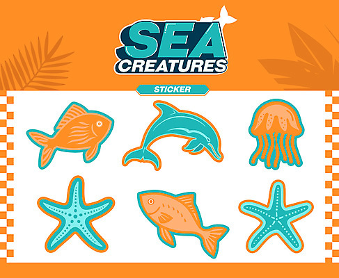 스티커 일러스트 불가사리 어류 사람없음 여름 세트 귀여움 주황색 수중동물 빈티지 돌고래 복고 해파리 민트색 엘리먼트 미니멀 국내일러스트 AI파일 동물 계절 컬러 컨셉 포유류 극피동물 자포동물 파일형식 벡터
