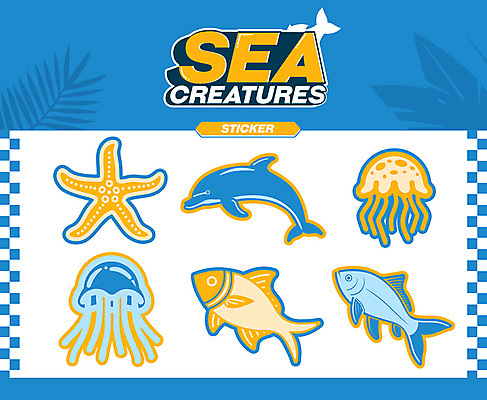 스티커 일러스트 불가사리 어류 사람없음 여름 파란색 세트 노란색 귀여움 수중동물 빈티지 돌고래 복고 해파리 엘리먼트 미니멀 국내일러스트 AI파일 동물 계절 컬러 컨셉 포유류 극피동물 자포동물 파일형식 벡터