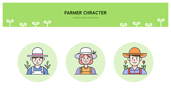 식물 모자 여자 남자 인물캐릭터 농업 라인일러스트 일러스트 미소 웃음 성인 세명 연두색 새싹 귀여움 농사 앞치마 튤립 풀잎 농부 밀짚모자 엘리먼트 성인만 일러캐릭터 AI파일 직업 캐릭터 모자_잡화 잡화 꽃 산업 컨셉 잎 표정 사람 초록색 풀_식물 파일형식 벡터