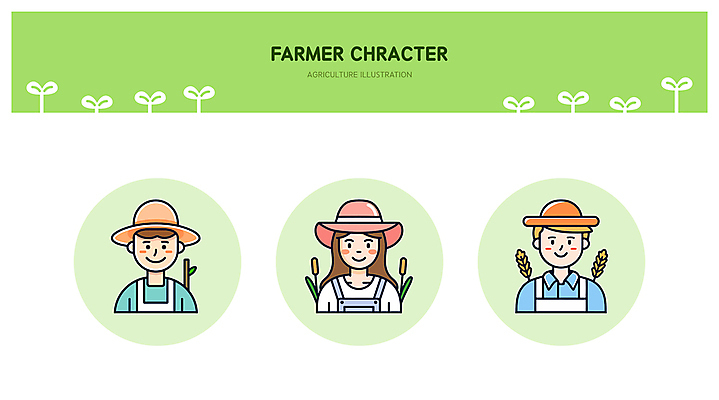 식물 모자 여자 남자 인물캐릭터 농업 라인일러스트 일러스트 미소 웃음 성인 세명 연두색 새싹 귀여움 농사 앞치마 풀잎 농부 밀 밀짚모자 부들 엘리먼트 성인만 일러캐릭터 AI파일 직업 캐릭터 모자_잡화 잡화 산업 컨셉 잎 곡류 표정 사람 초록색 풀_식물 파일형식 벡터
