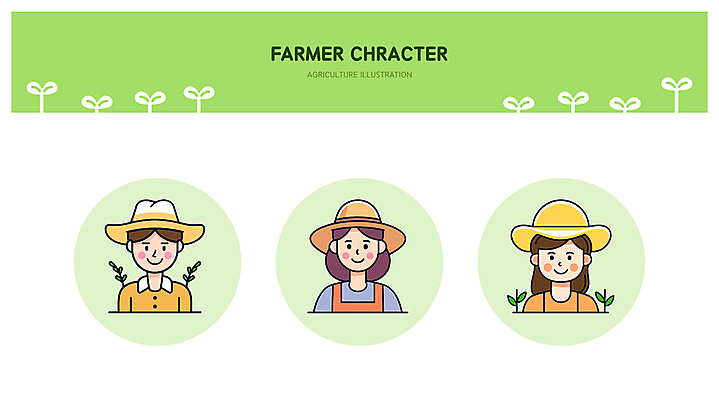 식물 모자 여자 남자 인물캐릭터 농업 라인일러스트 일러스트 미소 웃음 성인 세명 연두색 새싹 귀여움 농사 앞치마 풀잎 농부 밀짚모자 엘리먼트 성인만 일러캐릭터 AI파일 직업 캐릭터 모자_잡화 잡화 산업 컨셉 잎 표정 사람 초록색 풀_식물 파일형식 벡터