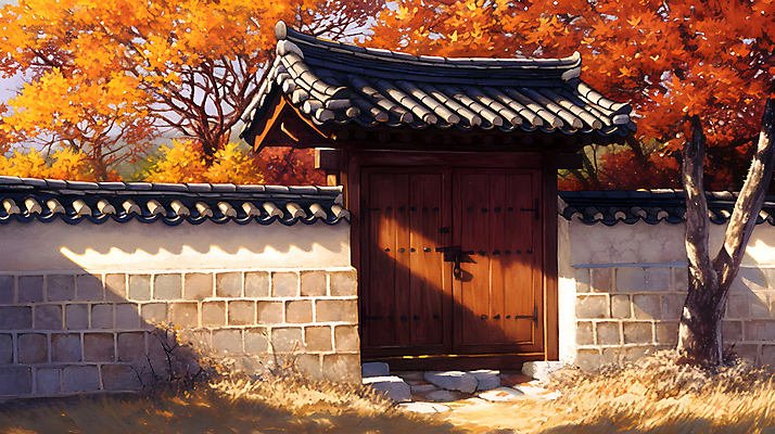 JPG 나무 한국전통 단풍 고건축 일러스트 돌담 그림자 사람없음 햇빛 평화 주황색 고요 황혼 가을 대문 나무기둥 기와담장 국내일러스트 AI일러스트 AI콘텐츠 식물 전통 건축물 계절 컬러 컨셉 잎 한국 기와 담장 태양 문 일몰 돌_바위 파일형식