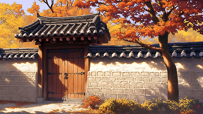 JPG 나무 한국전통 단풍 고건축 일러스트 돌담 그림자 사람없음 햇빛 평화 주황색 고요 황혼 가을 대문 나무기둥 기와담장 국내일러스트 AI일러스트 AI콘텐츠 식물 전통 건축물 계절 컬러 컨셉 잎 한국 기와 담장 태양 문 일몰 돌_바위 파일형식