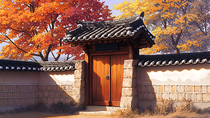 JPG 나무 한국전통 단풍 고건축 일러스트 돌담 그림자 사람없음 햇빛 평화 주황색 고요 황혼 가을 대문 나무기둥 기와담장 국내일러스트 AI일러스트 AI콘텐츠 식물 전통 건축물 계절 컬러 컨셉 잎 한국 기와 담장 태양 문 일몰 돌_바위 파일형식