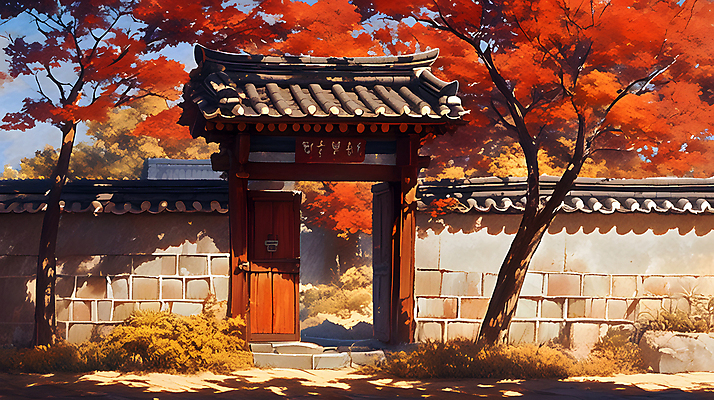 JPG 나무 한국전통 단풍 고건축 일러스트 돌담 그림자 사람없음 햇빛 평화 주황색 고요 황혼 가을 대문 나무기둥 기와담장 국내일러스트 AI일러스트 AI콘텐츠 식물 전통 건축물 계절 컬러 컨셉 잎 한국 기와 담장 태양 문 일몰 돌_바위 파일형식